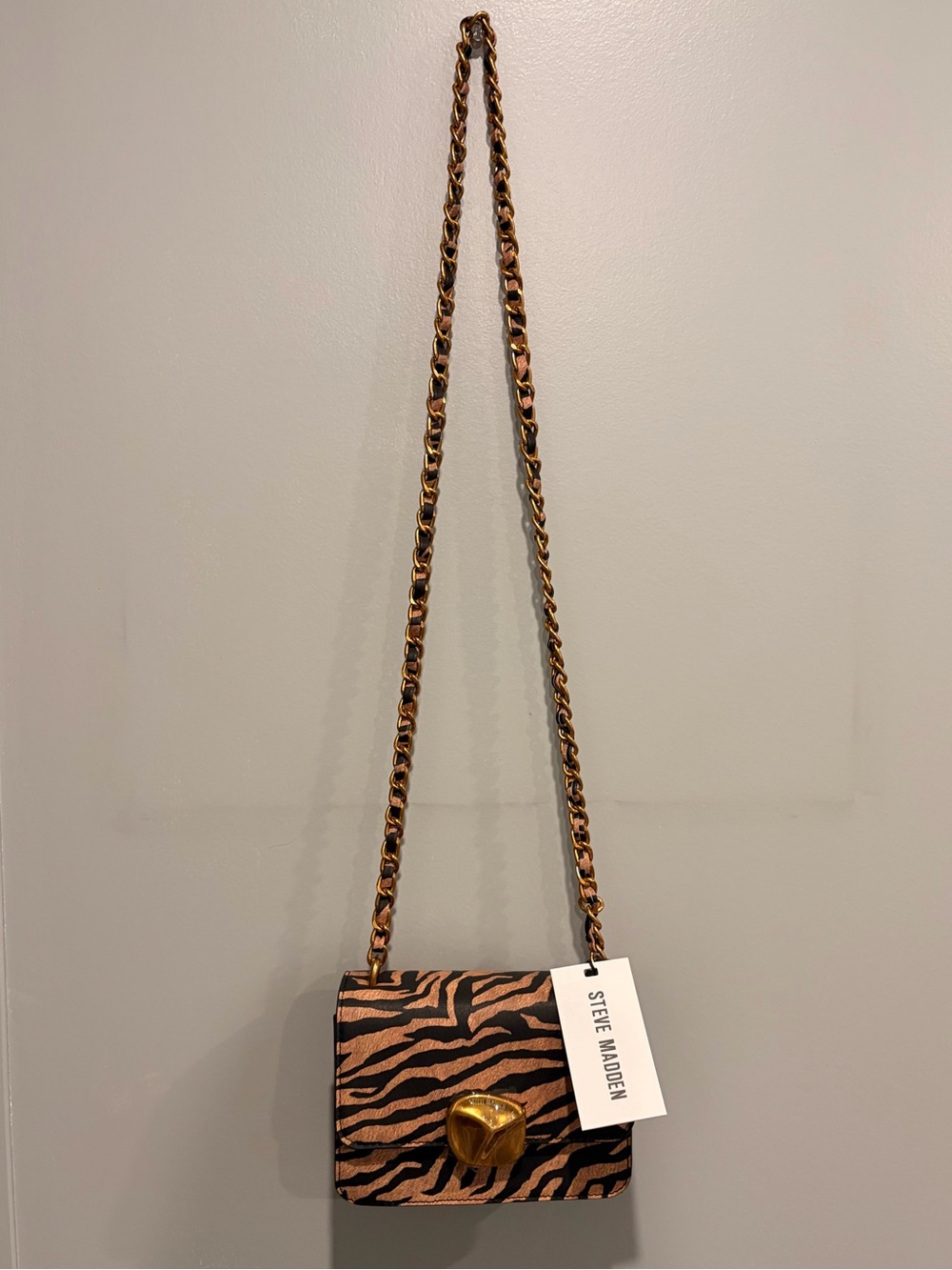 Steve Madden Zebra Print Crossbody in Tan and Black with Gold Heart Clasp